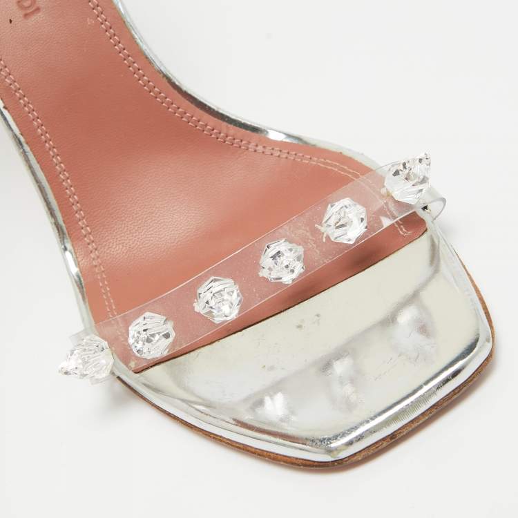 Pre Owned Amina Muaddi Silver PVC and Patent Leather Julia Glass Sandals Size 38