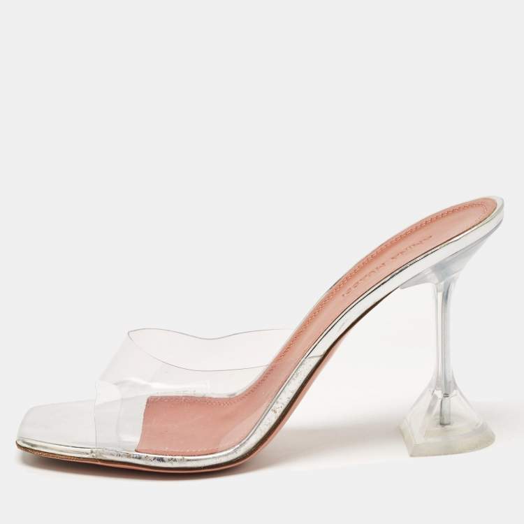 Pre Owned Amina Muaddi Silver PVC and Patent Leather Lupita Glass Sandals Size 38.5