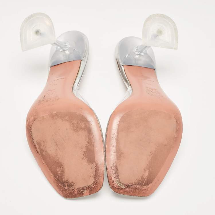 Pre Owned Amina Muaddi Silver PVC and Patent Leather Lupita Glass Sandals Size 38.5