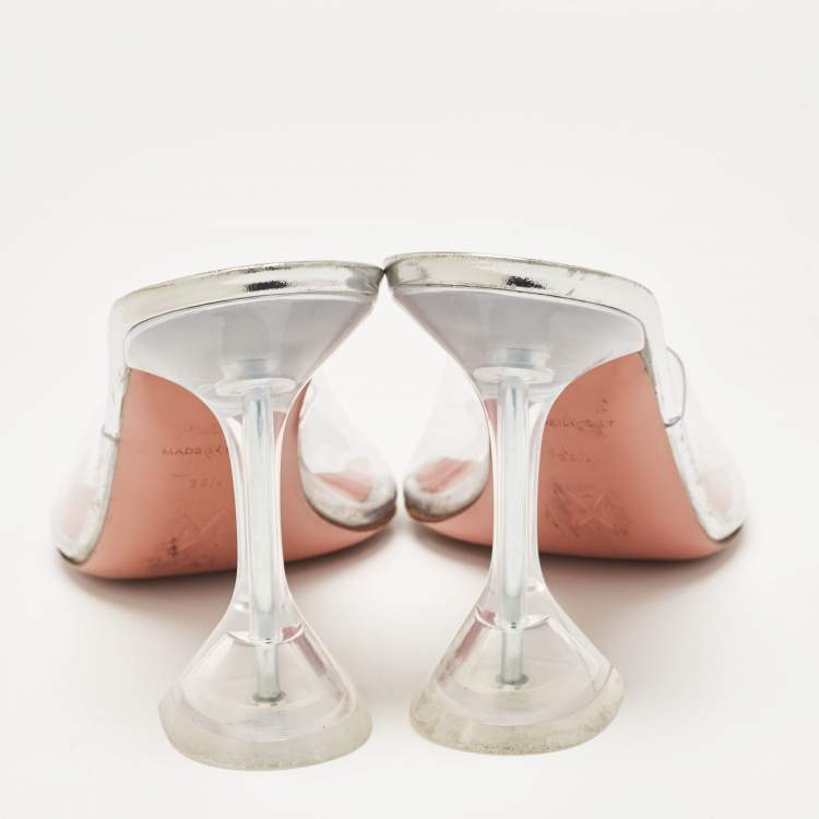 Pre Owned Amina Muaddi Silver PVC and Patent Leather Lupita Glass Sandals Size 38.5
