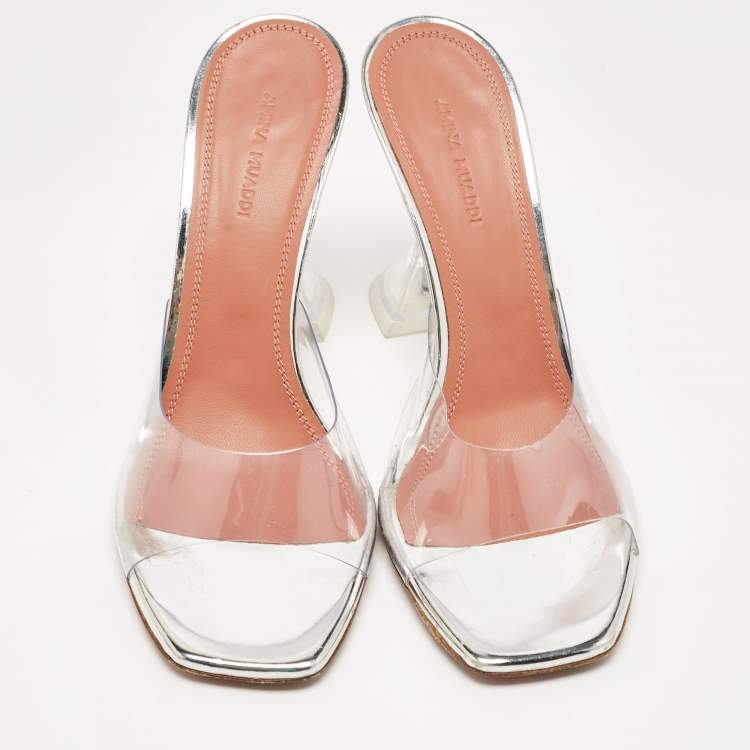 Pre Owned Amina Muaddi Silver PVC and Patent Leather Lupita Glass Sandals Size 38.5