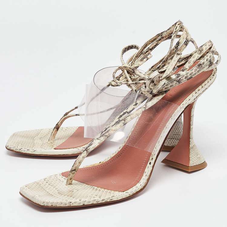 Pre Owned Amina Muaddi Cream/Beige Water Snakes and PVC  Zula Sandals Size 40.5