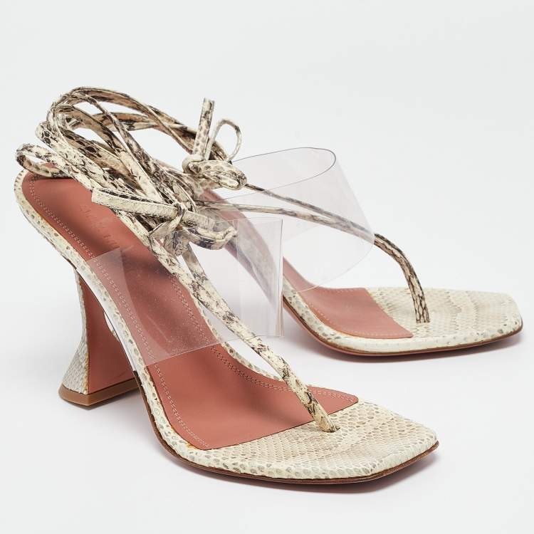 Pre Owned Amina Muaddi Cream/Beige Water Snakes and PVC  Zula Sandals Size 40.5