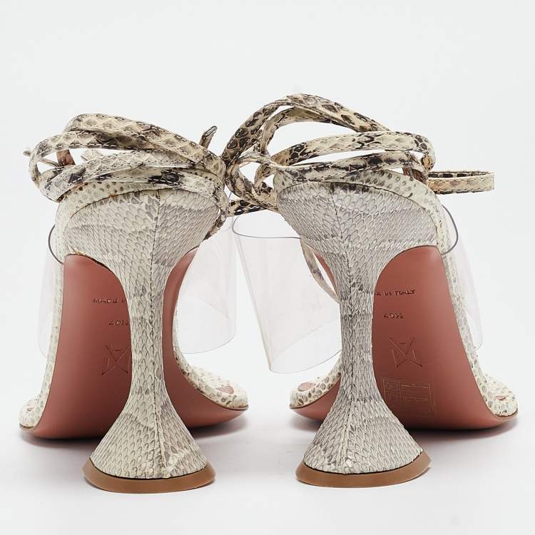 Pre Owned Amina Muaddi Cream/Beige Water Snakes and PVC  Zula Sandals Size 40.5