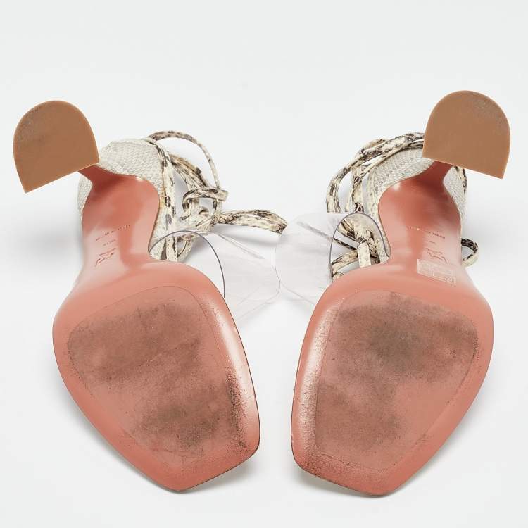 Pre Owned Amina Muaddi Cream/Beige Water Snakes and PVC  Zula Sandals Size 40.5