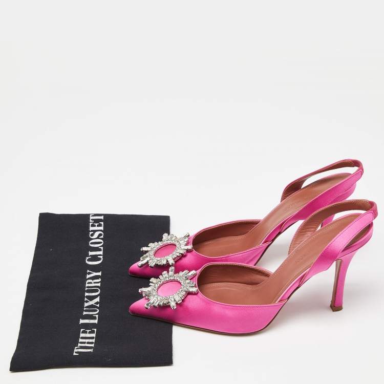 Pre Owned Amina Muaddi Pink Satin Begum Slingback Pumps Size 37.5