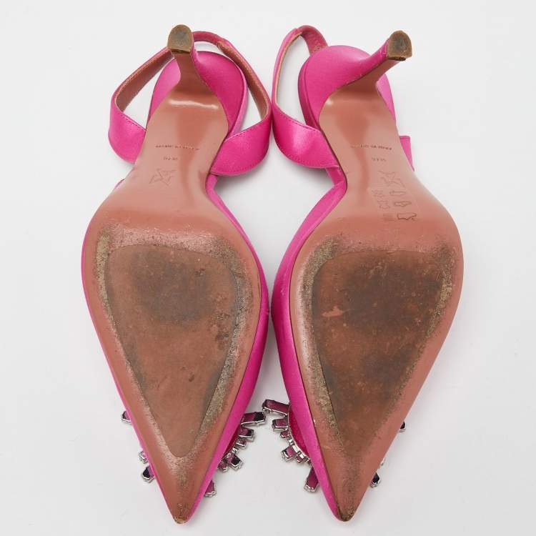 Pre Owned Amina Muaddi Pink Satin Begum Slingback Pumps Size 37.5