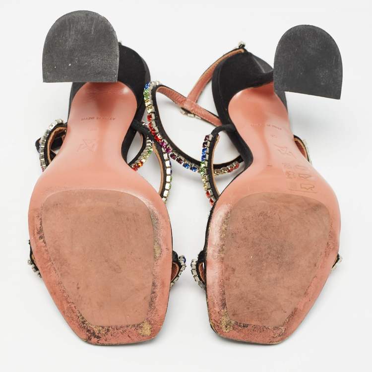Pre Owned Amina Muaddi Black Satin Gilda Ankle Strap Sandals Size 35