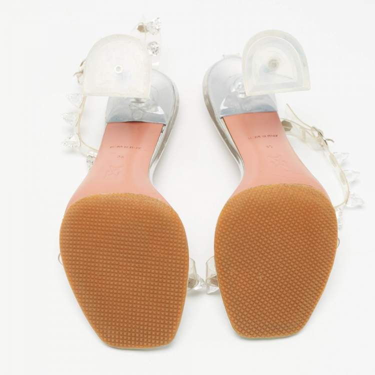 Pre Owned Amina Muaddi Transparent  PVC Julia Crystal Embellished Ankle Strap Sandals Size 35