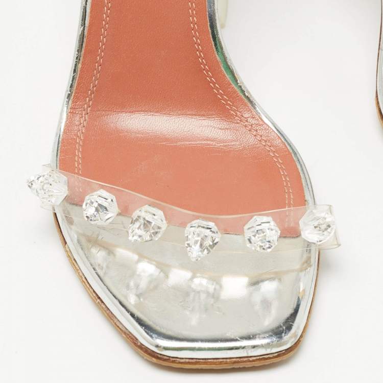 Pre Owned Amina Muaddi Transparent  PVC Julia Crystal Embellished Ankle Strap Sandals Size 35