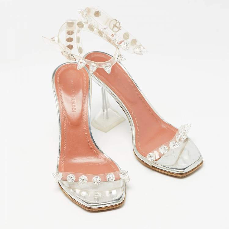 Pre Owned Amina Muaddi Transparent  PVC Julia Crystal Embellished Ankle Strap Sandals Size 35