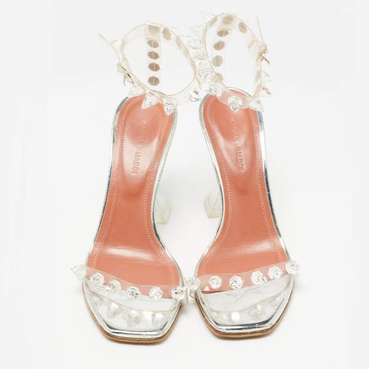 Pre Owned Amina Muaddi Transparent  PVC Julia Crystal Embellished Ankle Strap Sandals Size 35