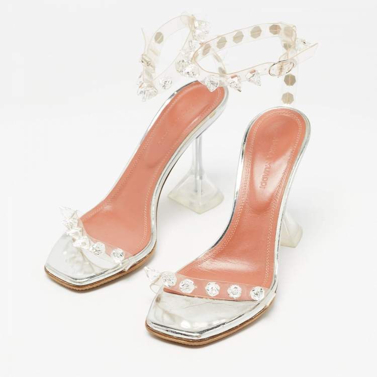 Pre Owned Amina Muaddi Transparent  PVC Julia Crystal Embellished Ankle Strap Sandals Size 35