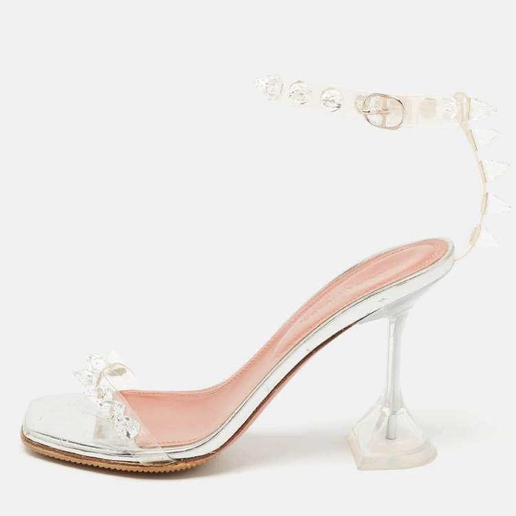 Pre Owned Amina Muaddi Transparent  PVC Julia Crystal Embellished Ankle Strap Sandals Size 35