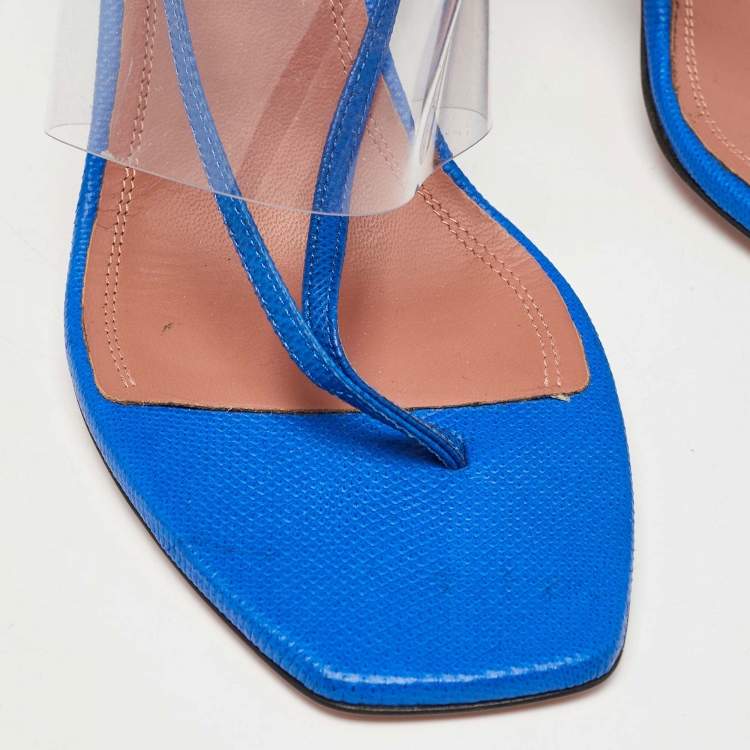 Pre Owned Amina Muaddi Blue Snakeskin Embossed Leather and PVC Zula Sandals Size 40