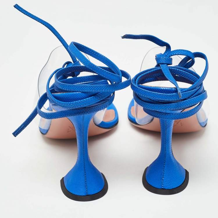 Pre Owned Amina Muaddi Blue Snakeskin Embossed Leather and PVC Zula Sandals Size 40