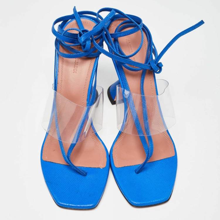 Pre Owned Amina Muaddi Blue Snakeskin Embossed Leather and PVC Zula Sandals Size 40