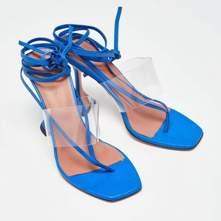 Pre Owned Amina Muaddi Blue Snakeskin Embossed Leather and PVC Zula Sandals Size 40