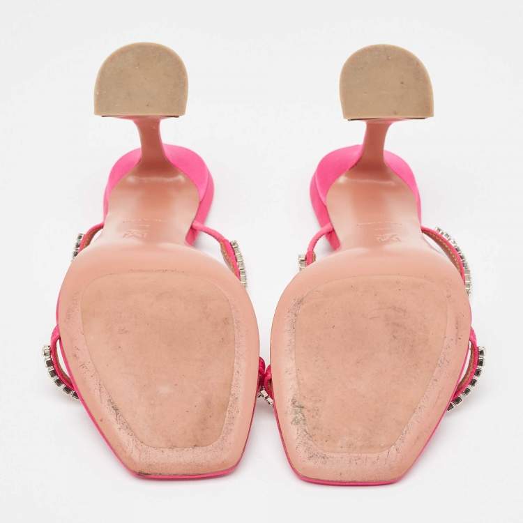 Pre Owned Amina Muaddi Pink Satin Crystal Embellished Gilda Sandals Size 39.5
