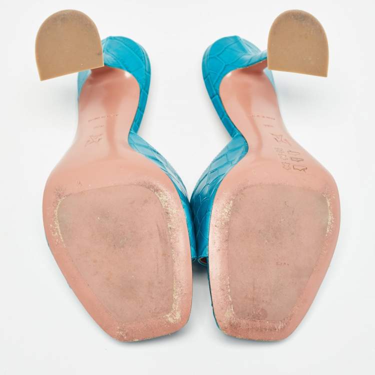 Pre Owned Amina Muaddi Teal Blue Croc Embossed Leather Lupita Slide Sandals Size 39.5