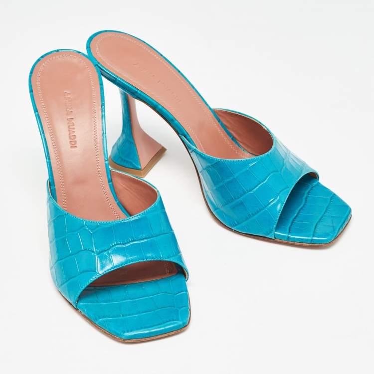 Pre Owned Amina Muaddi Teal Blue Croc Embossed Leather Lupita Slide Sandals Size 39.5