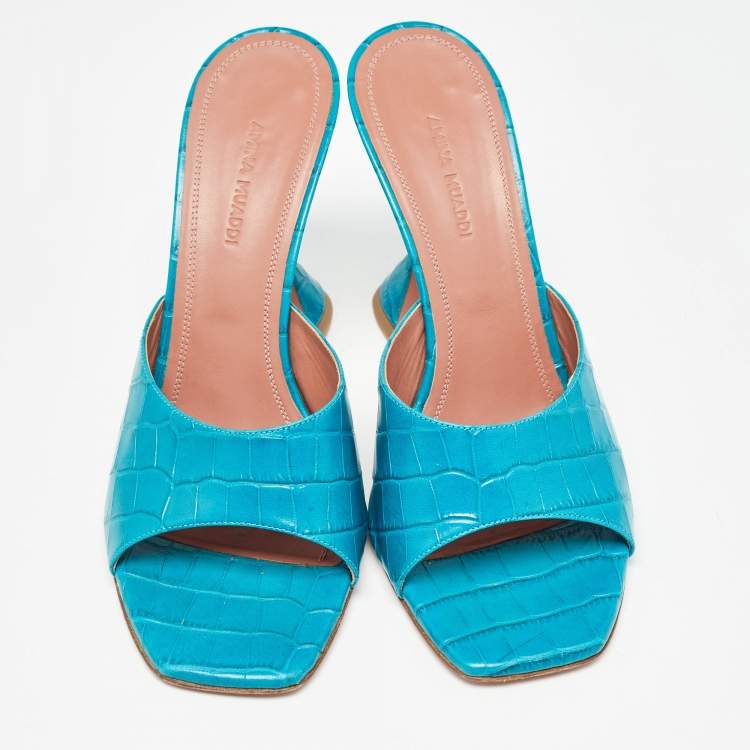 Pre Owned Amina Muaddi Teal Blue Croc Embossed Leather Lupita Slide Sandals Size 39.5