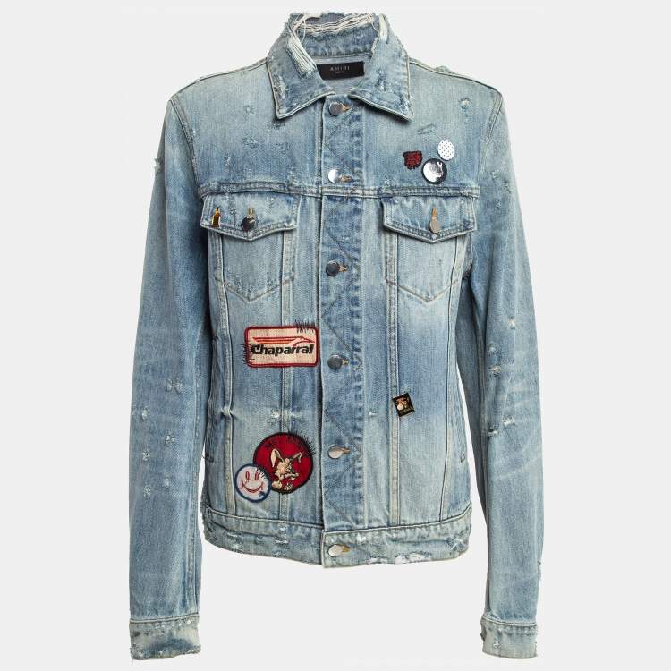 Pre Owned Amiri Blue Distressed Printed Denim Buttoned Front Jacket M