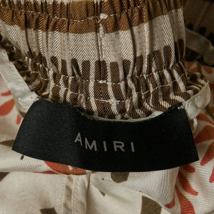 Pre Owned Amiri Green/Cream Palm Tree Print Silk Shorts L