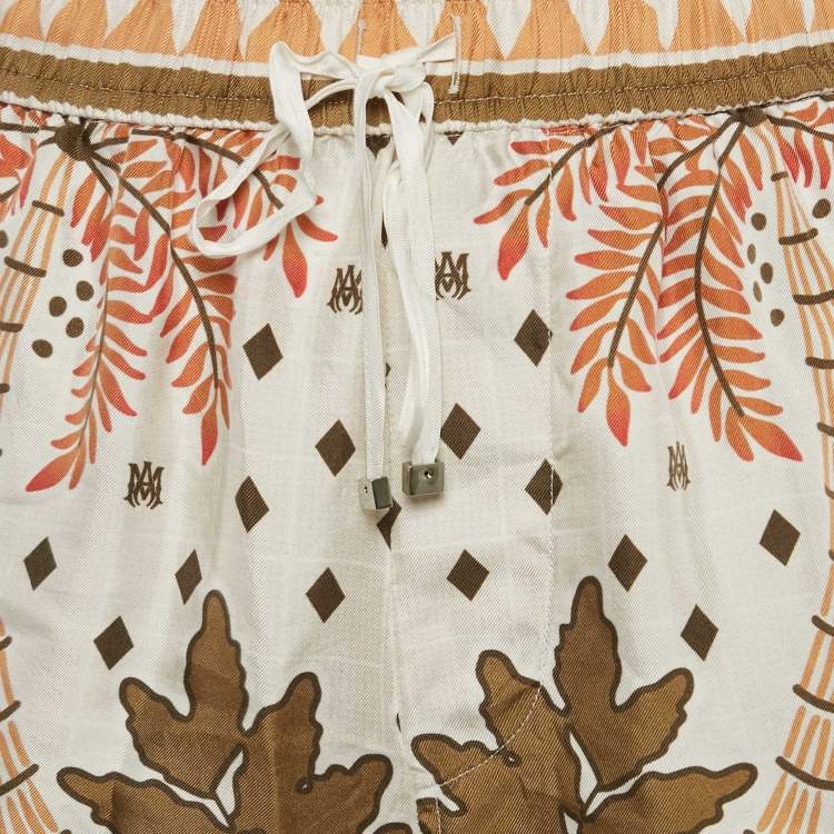 Pre Owned Amiri Green/Cream Palm Tree Print Silk Shorts L