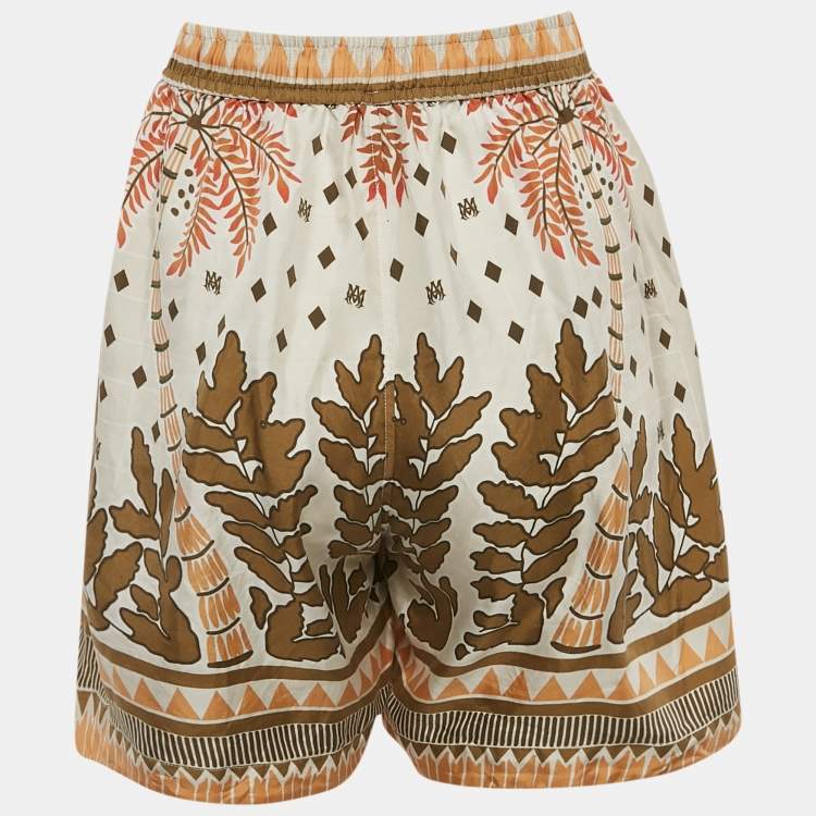 Pre Owned Amiri Green/Cream Palm Tree Print Silk Shorts L