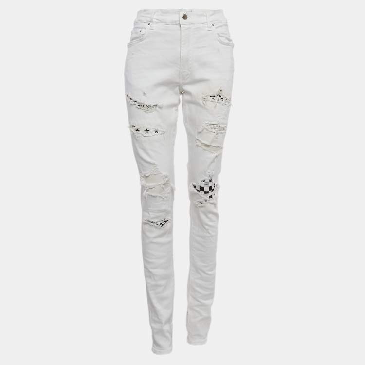 Pre Owned Amiri White Distressed Denim Skinny Jeans L Waist 31"