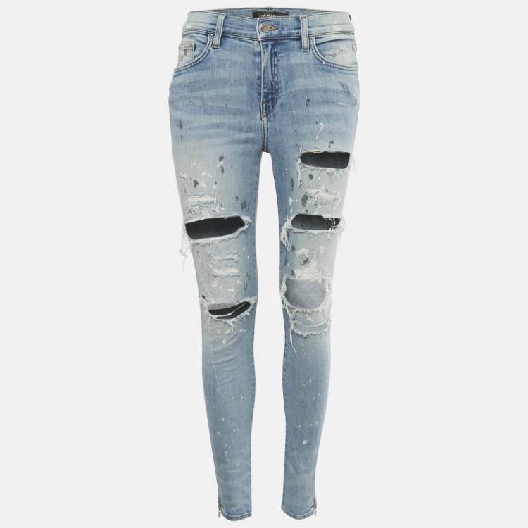 Pre Owned Amiri Blue Paint Splatter Distressed Denim Skinny Fit Jeans M Waist 29"