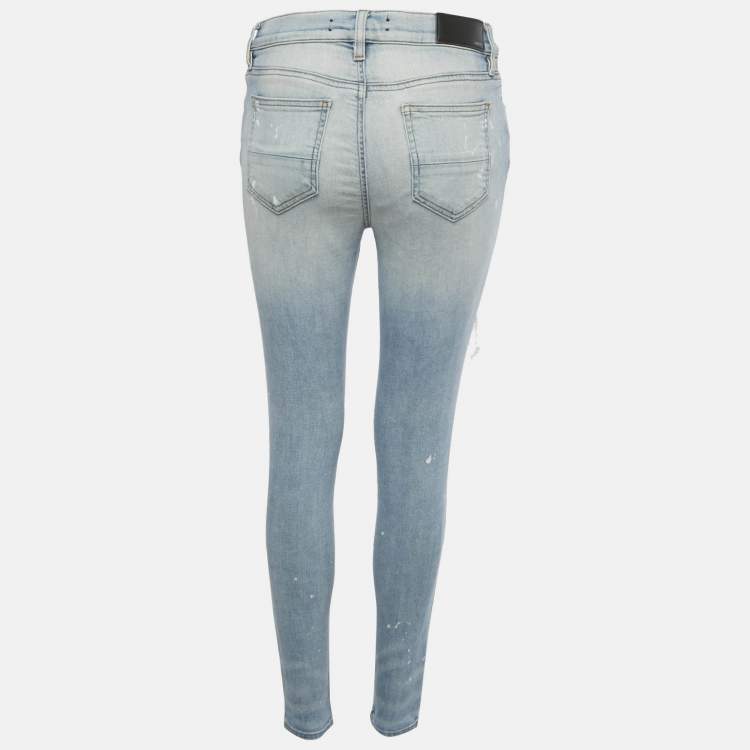 Pre Owned Amiri Blue Paint Splatter Distressed Denim Skinny Fit Jeans M Waist 29"