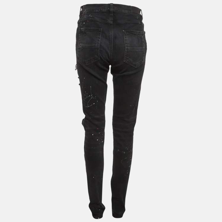 Pre Owned Amiri Black Paint Denim Distressed Jeans L/Waist 32"