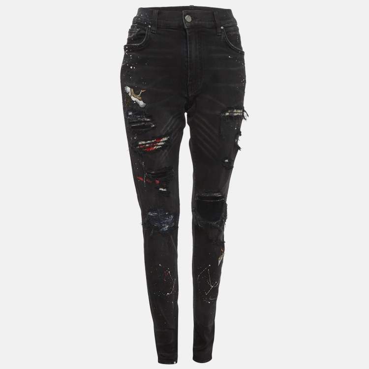 Pre Owned Amiri Black Paint Denim Distressed Jeans L/Waist 32"