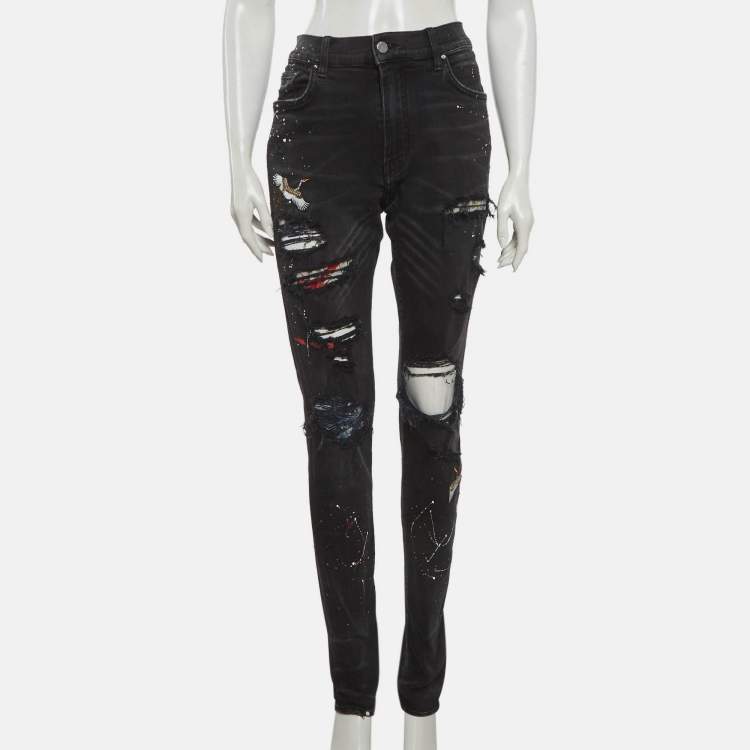Pre Owned Amiri Black Paint Denim Distressed Jeans L/Waist 32"