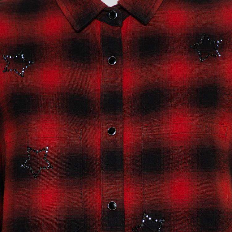Pre Owned Amiri Red & Black Plaided Flannel Crystal Star Embellished Frayed Hem Shirt S