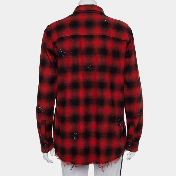 Pre Owned Amiri Red & Black Plaided Flannel Crystal Star Embellished Frayed Hem Shirt S