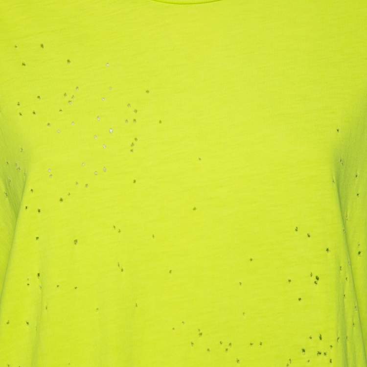 Pre Owned Amiri Neon Green Cotton Distressed Finish Crew Neck Short Sleeve Top S