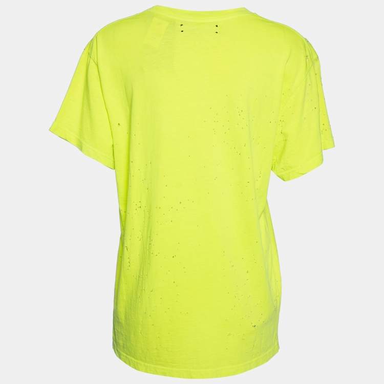 Pre Owned Amiri Neon Green Cotton Distressed Finish Crew Neck Short Sleeve Top S