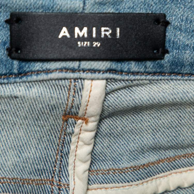 Pre Owned Amiri Blue Distressed Denim Crystal Embellished Inset Detail Skinny Jeans M
