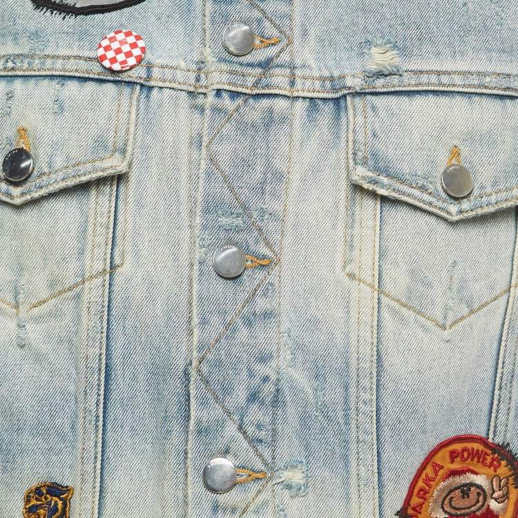 Pre Owned Amiri Blue Washed Distressed Patch Detail Buttoned Jacket XS