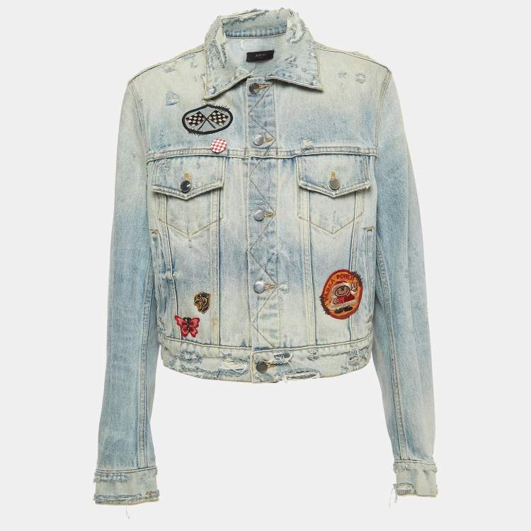 Pre Owned Amiri Blue Washed Distressed Patch Detail Buttoned Jacket XS