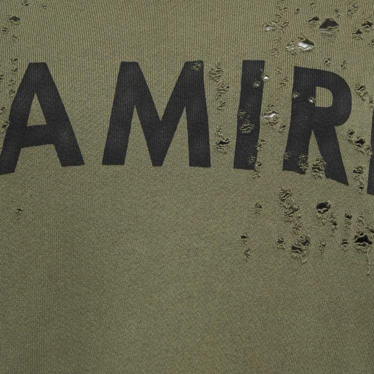 Pre Owned Amiri Military Green Logo Print Distressed Cotton Sweatshirt S