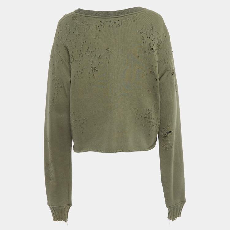 Pre Owned Amiri Military Green Logo Print Distressed Cotton Sweatshirt S