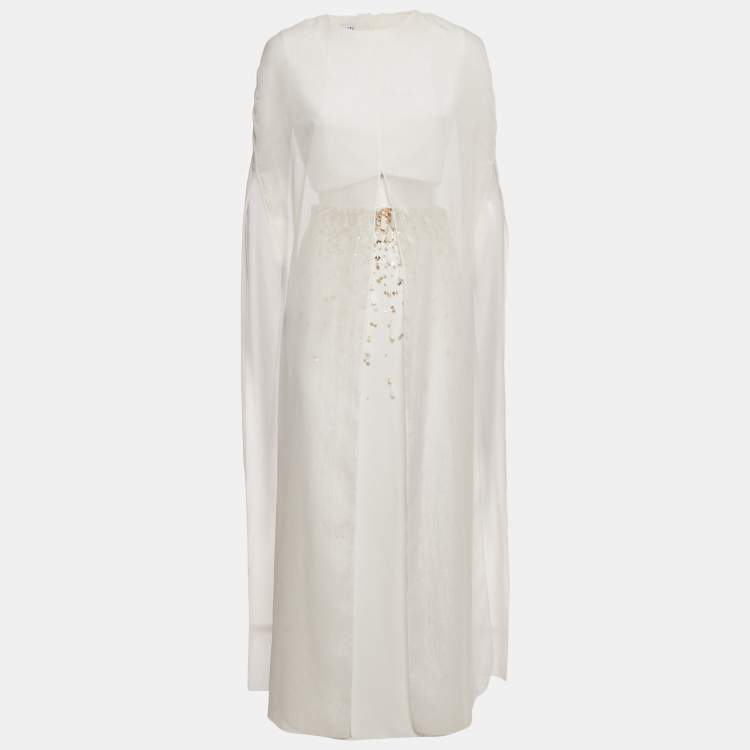 Pre Owned Anatomi White Crepe Embellished Long Top and Skirt Set S