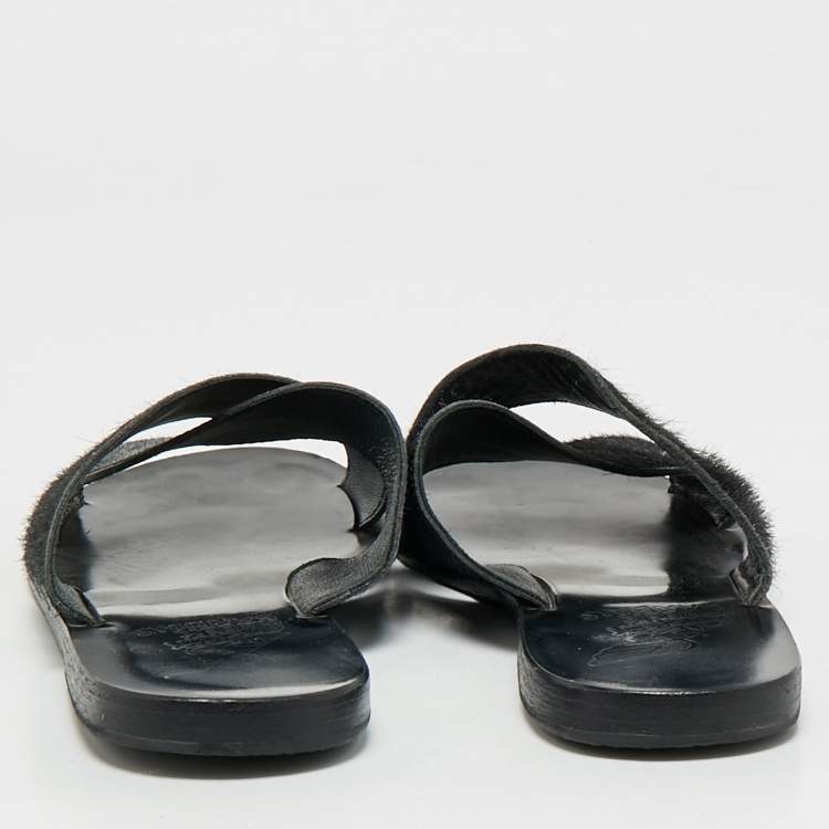 Pre Owned Ancient Greek Sandals Black Calf Hair Crisscross Flat Slides Size 40