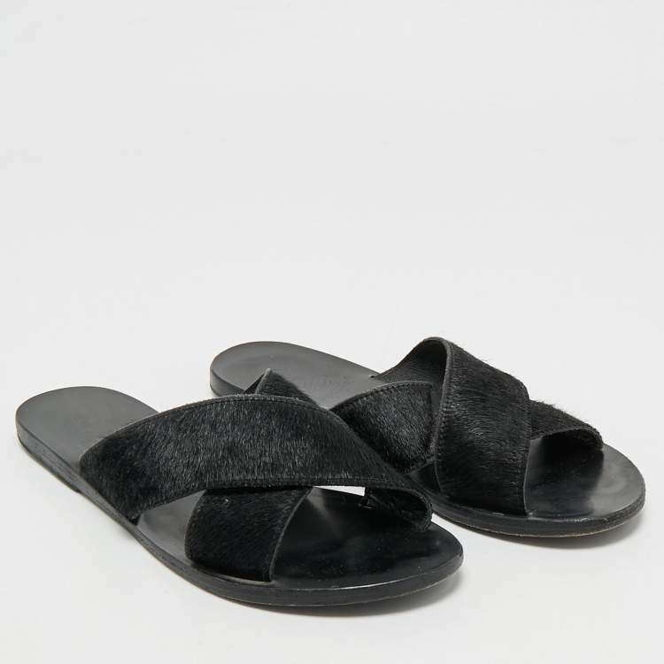 Pre Owned Ancient Greek Sandals Black Calf Hair Crisscross Flat Slides Size 40
