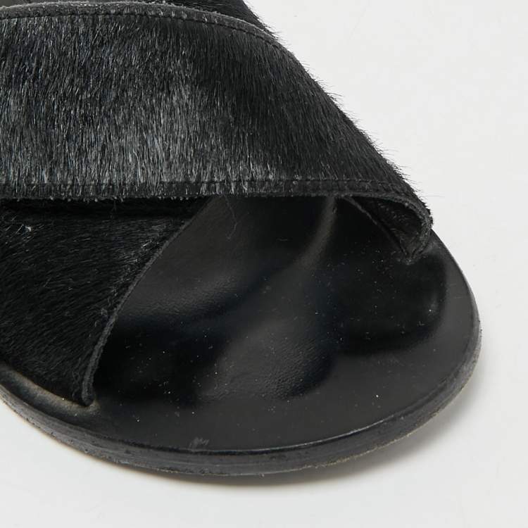 Pre Owned Ancient Greek Sandals Black Calf Hair Crisscross Flat Slides Size 40