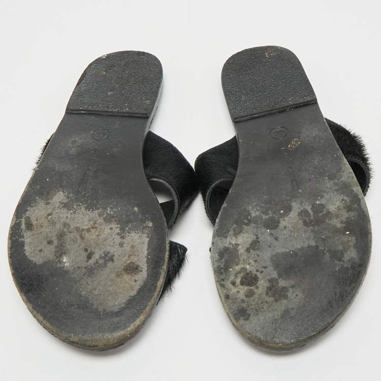 Pre Owned Ancient Greek Sandals Black Calf Hair Crisscross Flat Slides Size 40